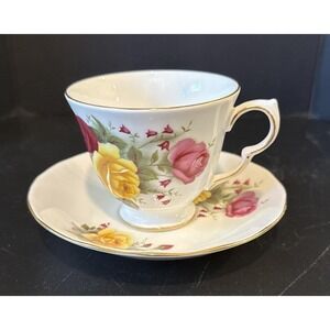 Queen Anne Roses Floral Teacup Tea Cup Saucer  Bone China England Vintage